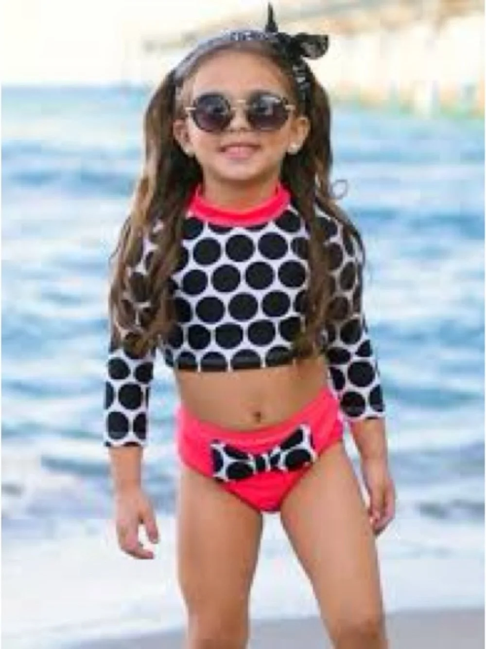 Mia Belle Girls ~Peace and Polka Dots Two Piece Rash Guard Swimsuit /Size 7Y ( 3